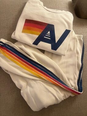 Aviator Nation Cream Terry Lounge Shorts with Retro Stripe Accent